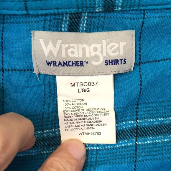 Wrangler Mens Shirt Large Long Sleeve Pearl Snaps Plaid Casual Classic Y2K Blue - Picture 6 of 11